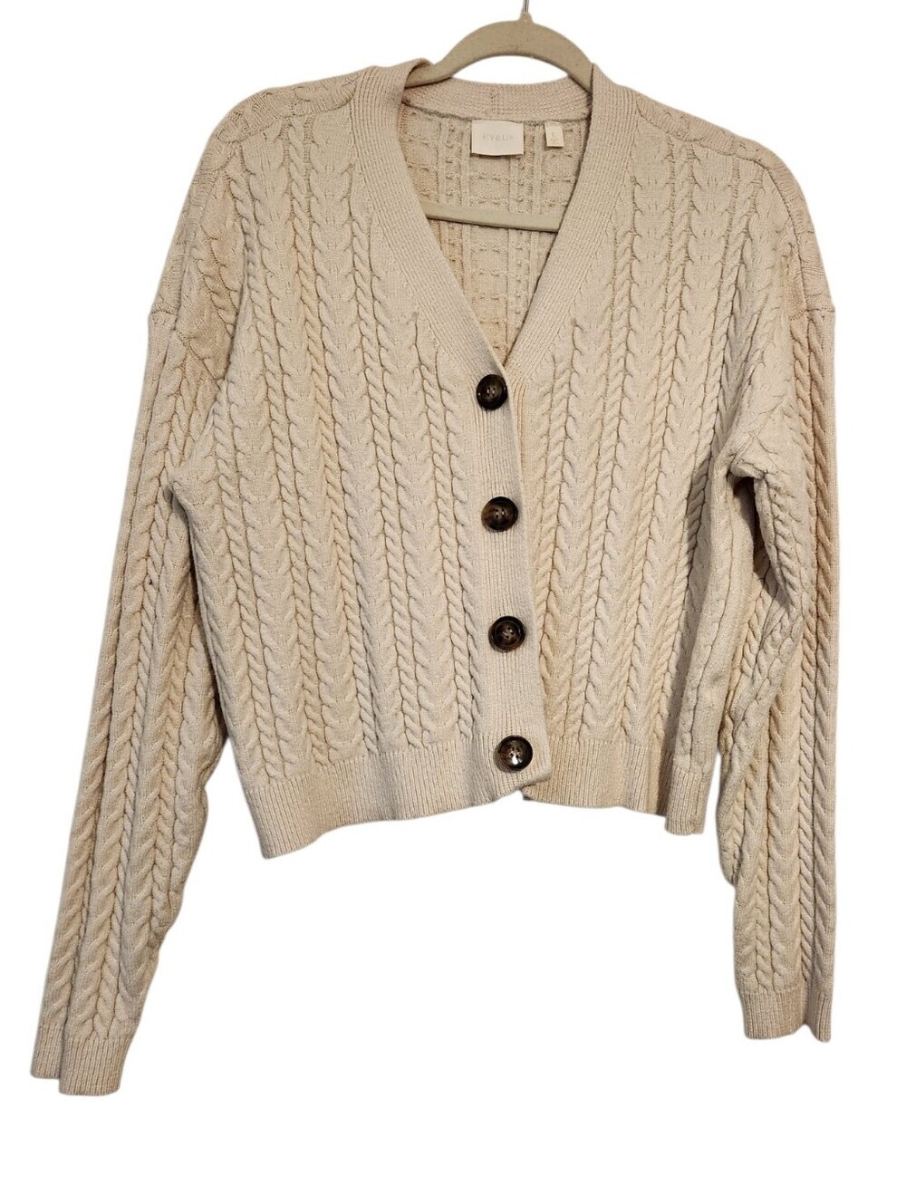 Cyrus | Women’s Classic Cream Button Down Cropped Cardigan Sweater (Size XL)
